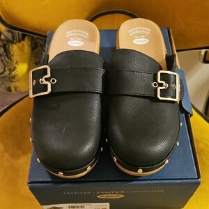 Dr. Scholl's Black Leather Slip-On Clogs with Gold Buckles